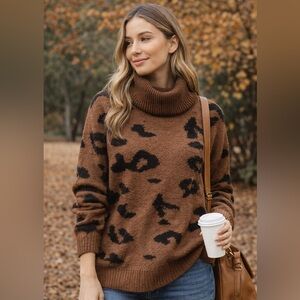 Brown Leopard Print Turtleneck Sweater – Size M